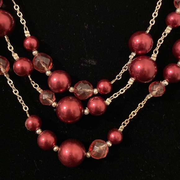 White House Black Market Maroon and Metallic Glass Beaded Triple Strand Necklace - Picture 2 of 9